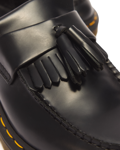 Adrian Yellow Stitch Leather Tassel Loafers in Black