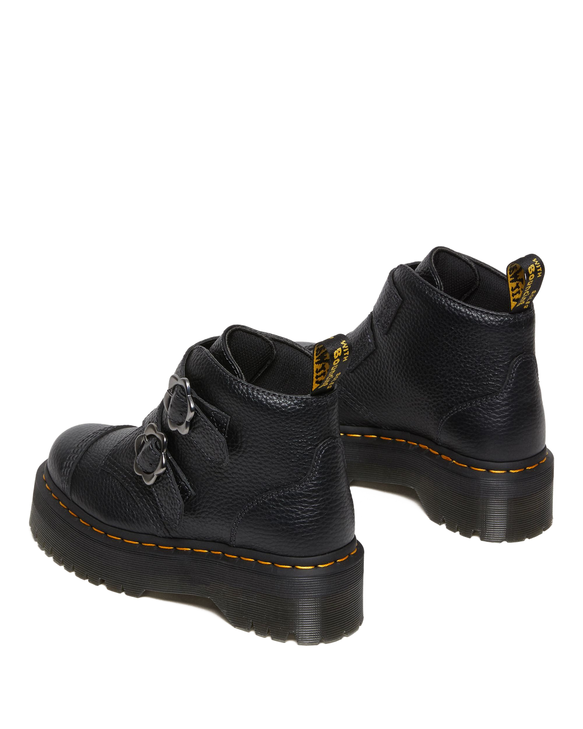 Devon Flower Buckle Leather Platform Boots in Black Milled Nappa