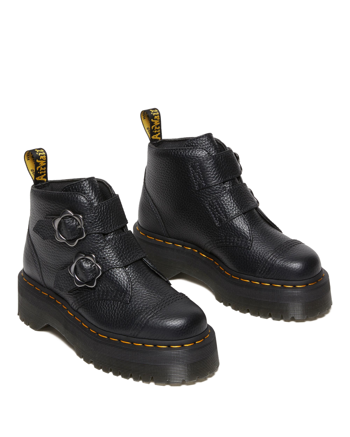 Devon Flower Buckle Leather Platform Boots in Black Milled Nappa