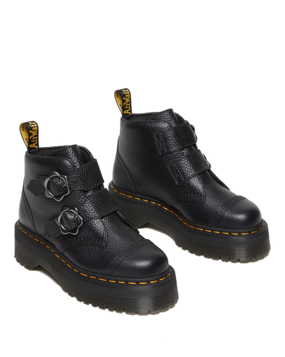 Devon Flower Buckle Leather Platform Boots in Black Milled Nappa