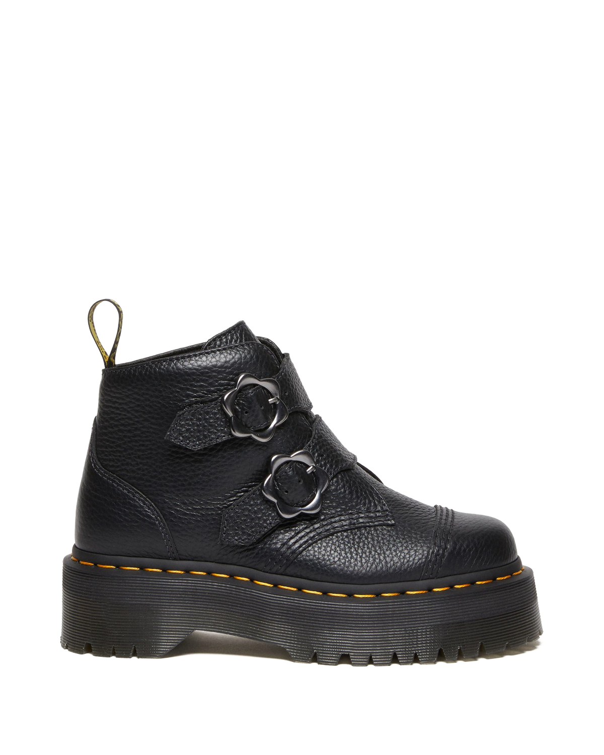 Devon Flower Buckle Leather Platform Boots in Black Milled Nappa