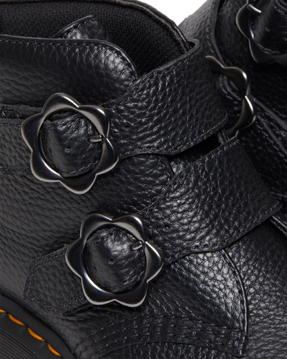 Devon Flower Buckle Leather Platform Boots in Black Milled Nappa