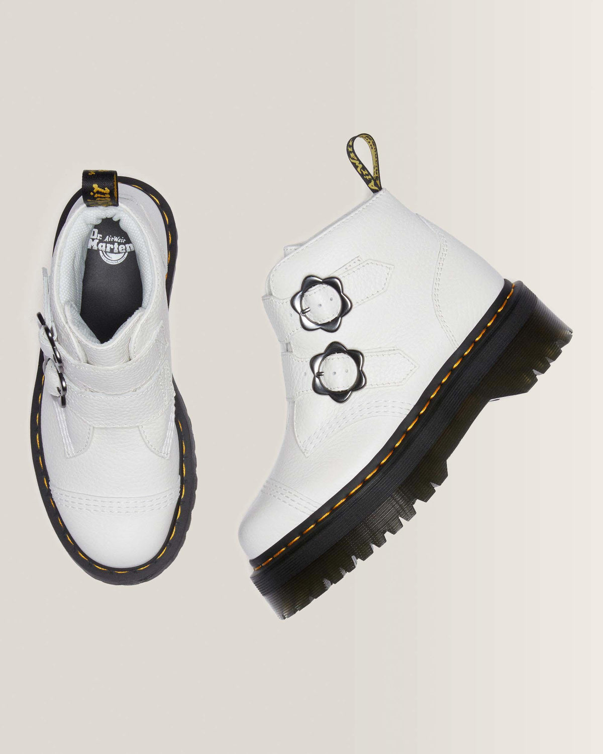 Devon Flower Buckle Leather Platform Boots in White