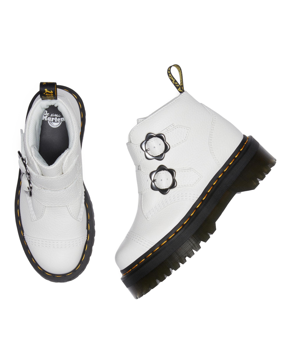 Devon Flower Buckle Leather Platform Boots in White