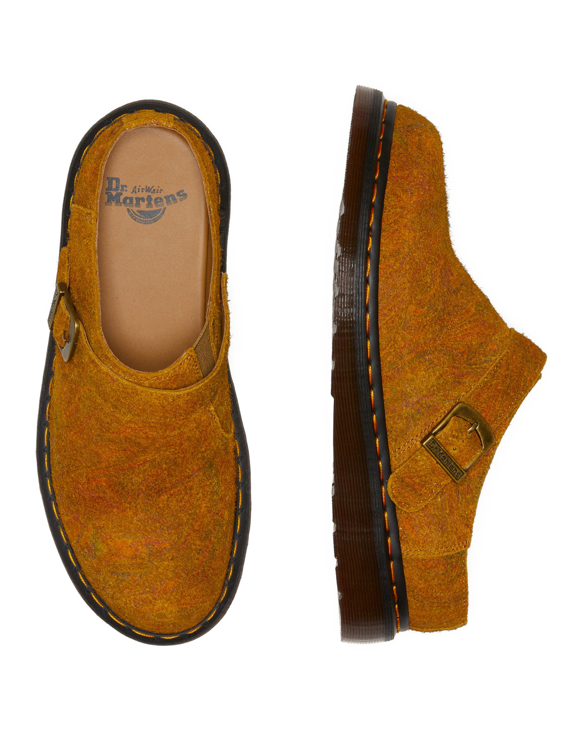 Isham Marbled Suede Slingback Mules in Brown+Mustard