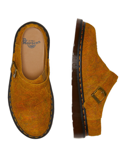 Isham Marbled Suede Slingback Mules in Brown+Mustard