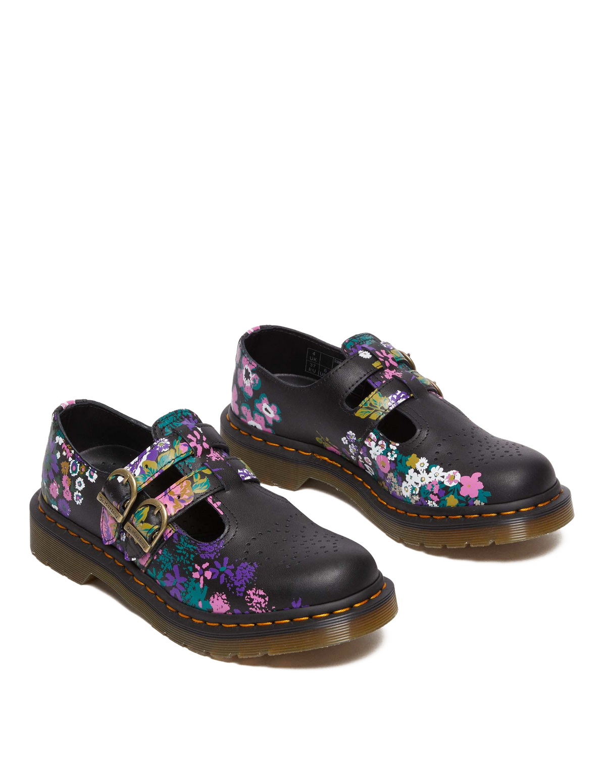 8065 Vintage Floral Leather Mary Jane Shoes in Black+multi