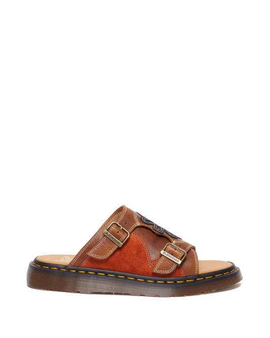 Dayne Made in England Leather & Suede Applique Slides in England Leather &amp; Suede Applique Slide Sandals in Conker Brown+Black+Rust Orange