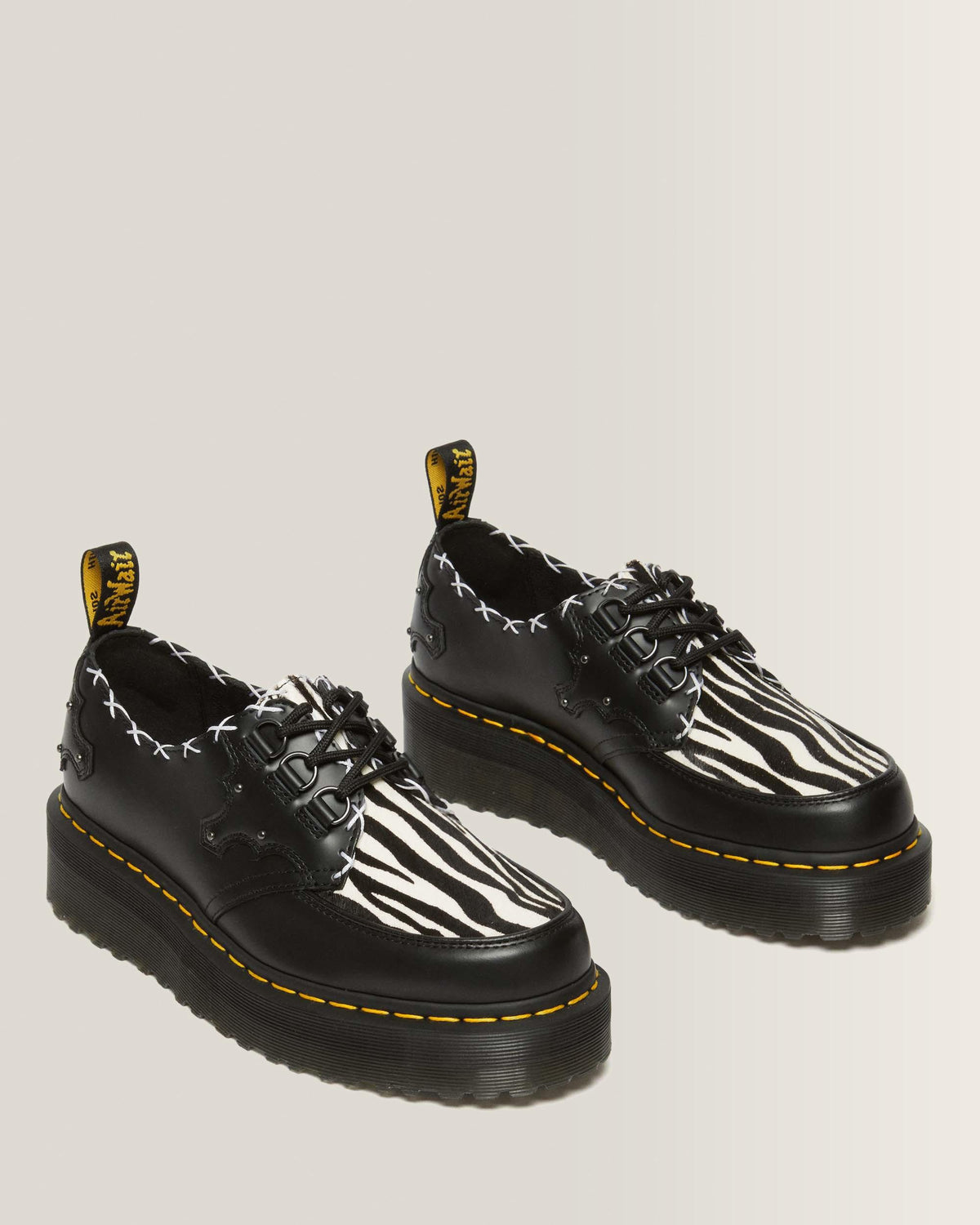 Ramsey 3-Eye Zebra Print & Leather Platform Creepers in Black+Zebra