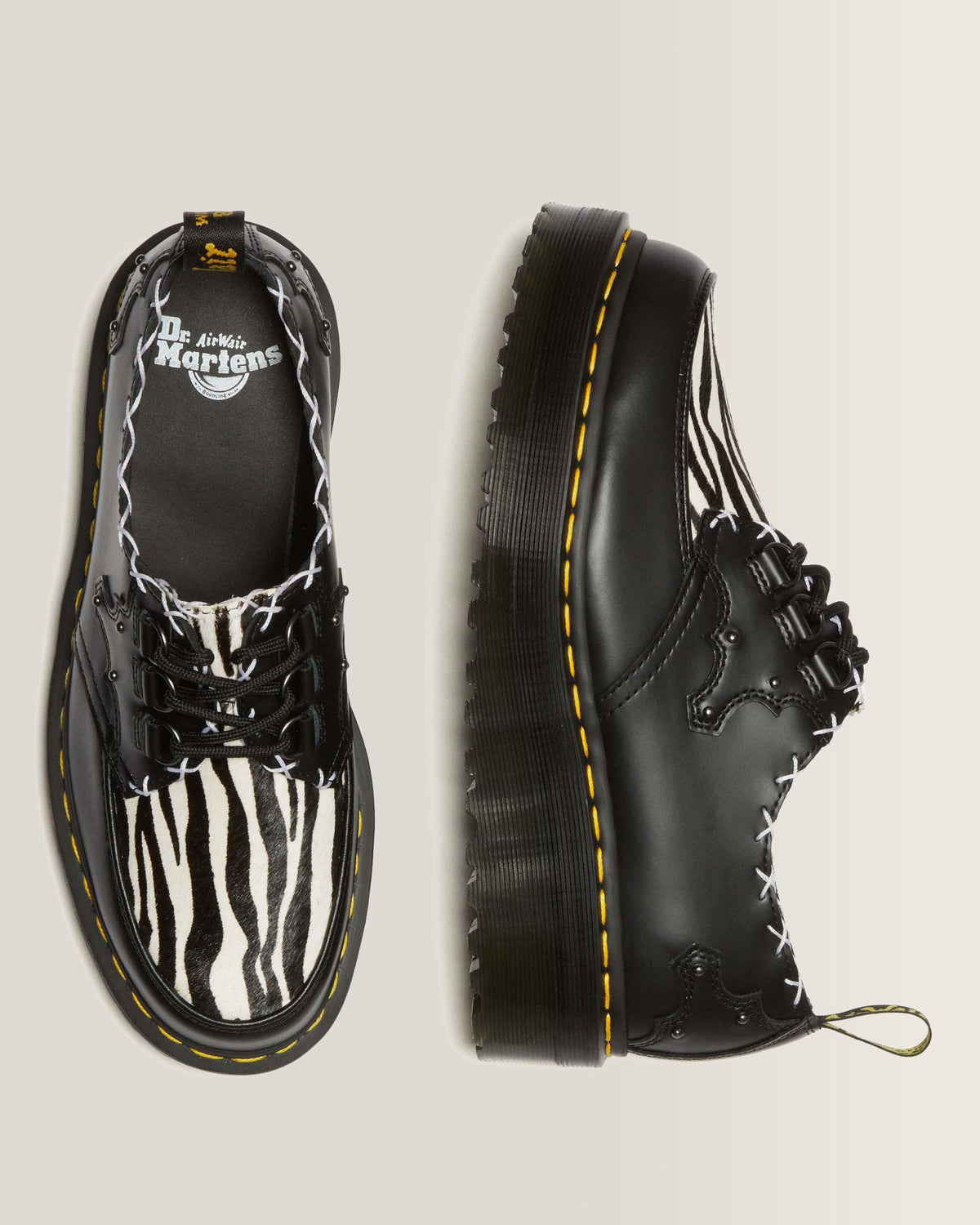 Ramsey 3-Eye Zebra Print & Leather Platform Creepers in Black+Zebra