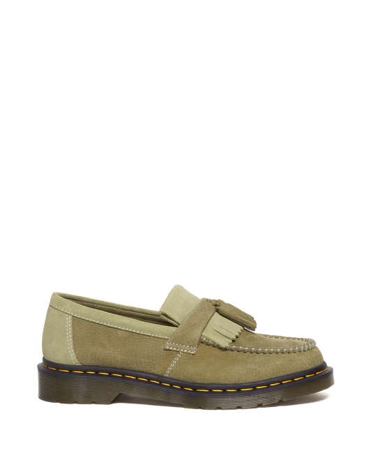 Adrian Tumbled Nubuck Leather Tassel Loafers in Muted Olive