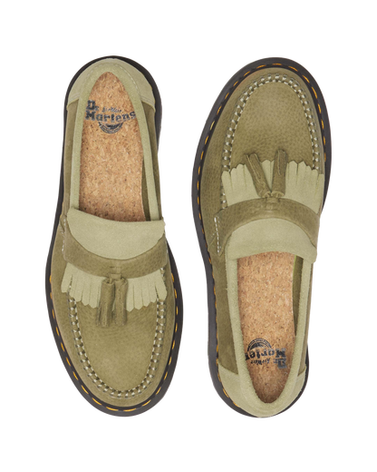 Adrian Tumbled Nubuck Leather Tassel Loafers in Muted Olive