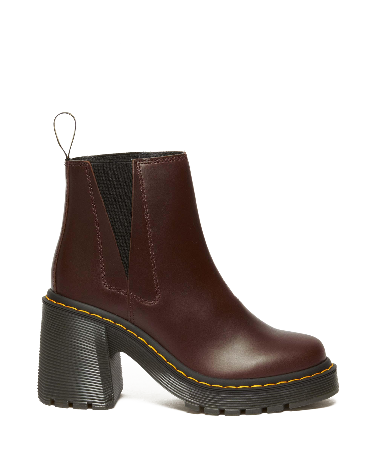 Spence Pull Up Leather Flared Heel Chelsea Boots in Dark Brown