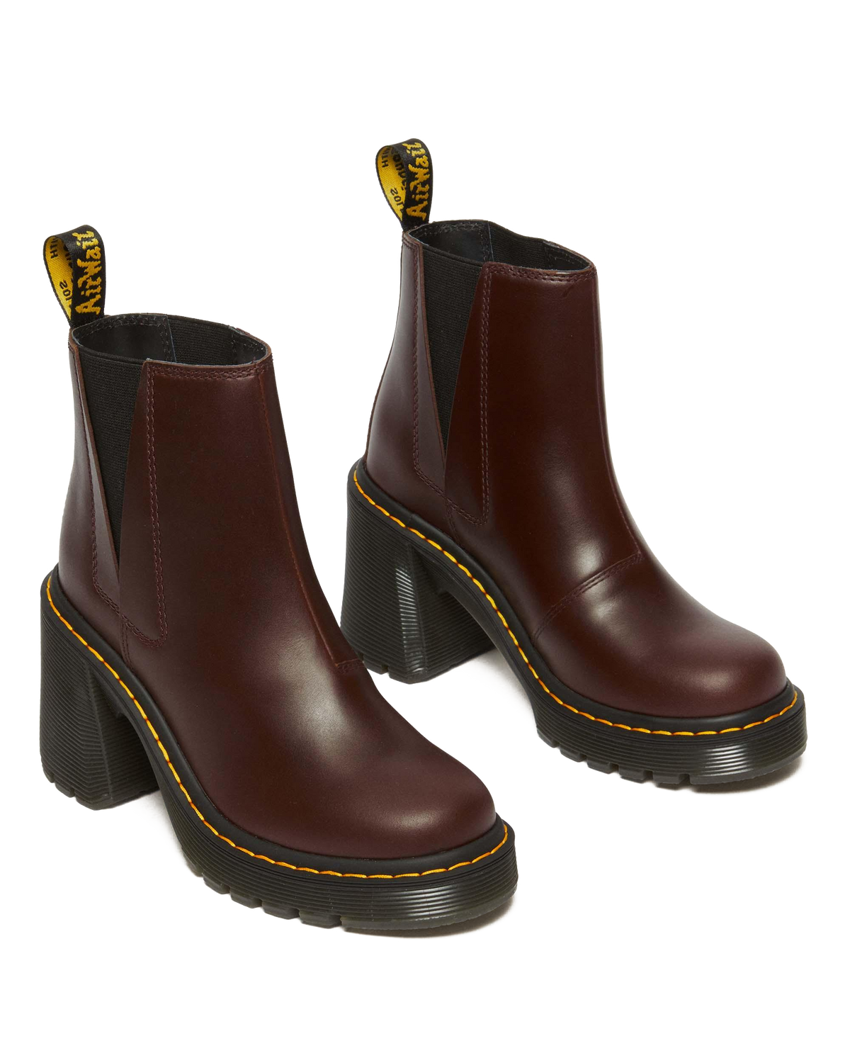 Spence Pull Up Leather Flared Heel Chelsea Boots in Dark Brown