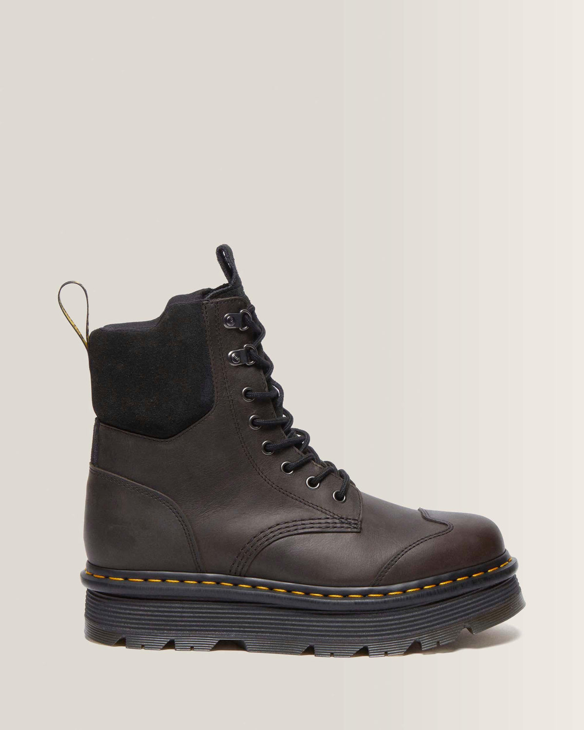 Zebzag 8 Ties Burnish Waxy Lace Up Boots in Black+Charcoal Grey