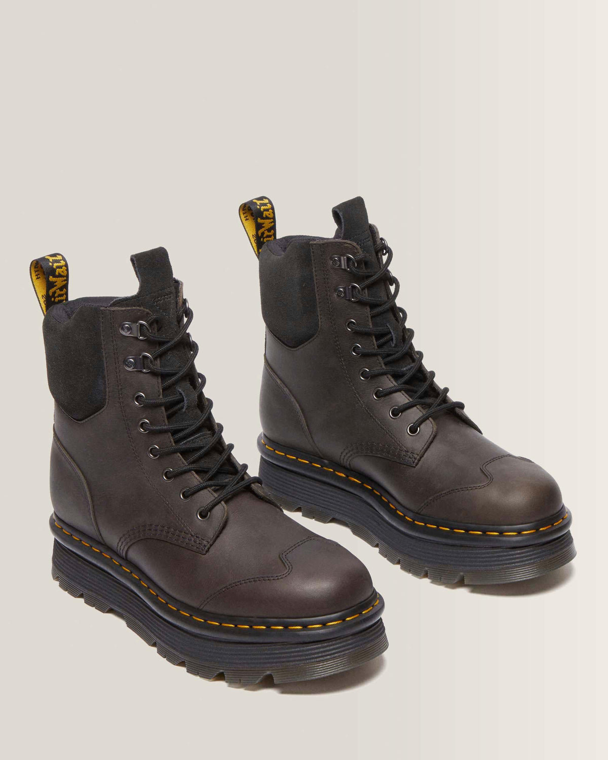 Zebzag 8 Ties Burnish Waxy Lace Up Boots in Black+Charcoal Grey