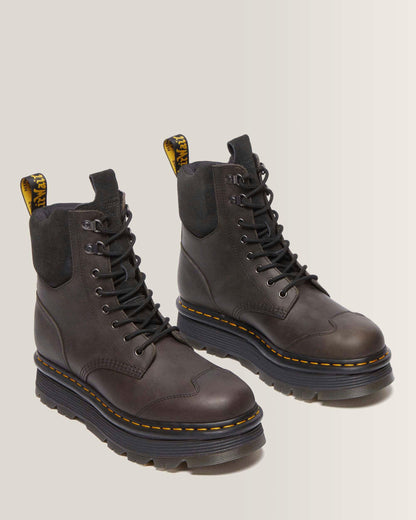 Zebzag 8 Ties Burnish Waxy Lace Up Boots in Black+Charcoal Grey