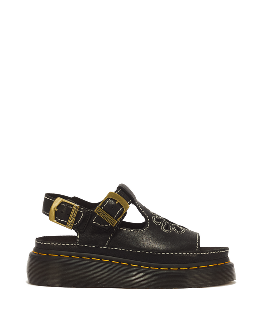 Dunnet Flower Full Grain Leather Sandals in Black