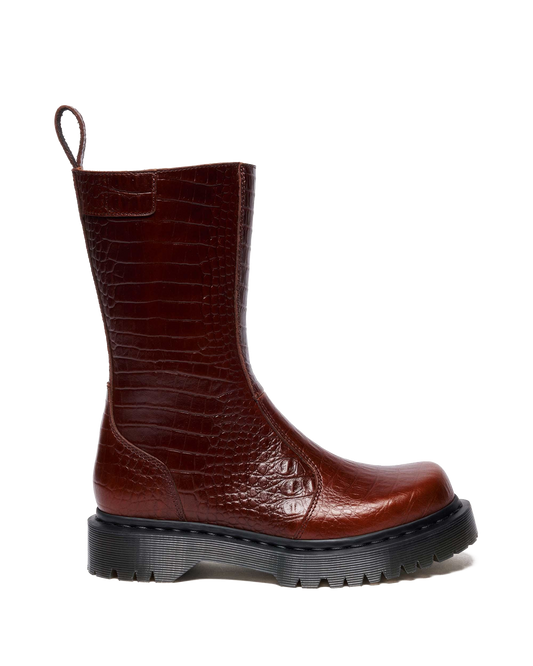 REJENA  CROC EMBOSS  LEATHER BOOTS in Mocha Brown