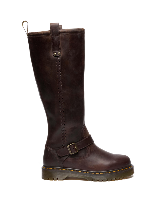 Anistone Knee High Crazy Horse Leather Biker Boots in Dark Brown