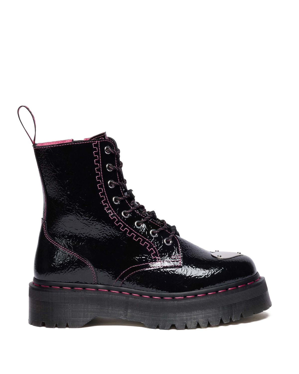 Jadon Distressed Patent Leather Platform Boots in Black