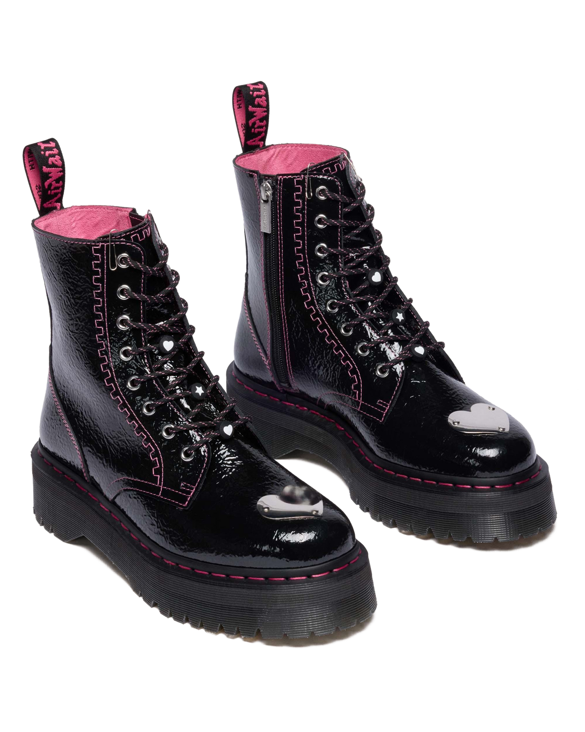 Jadon Distressed Patent Leather Platform Boots in Black