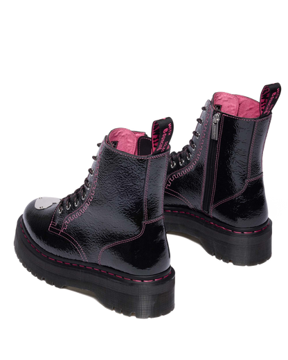 Jadon Distressed Patent Leather Platform Boots in Black