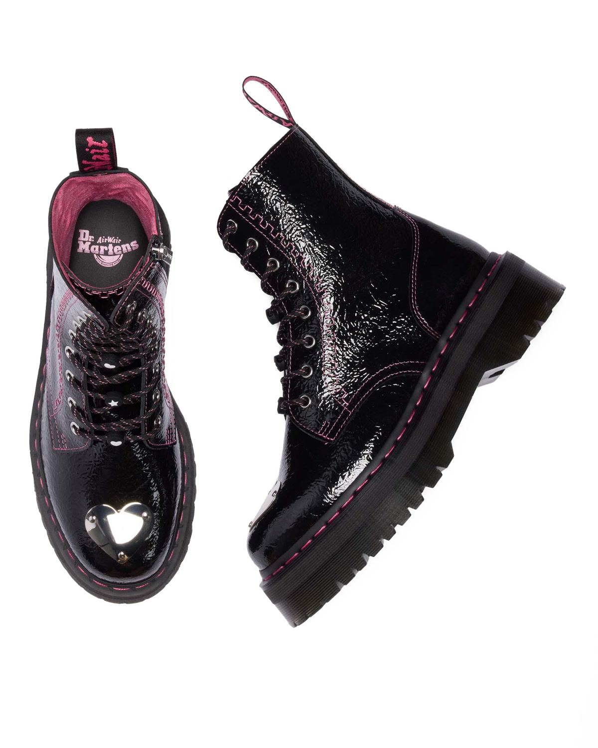 Jadon Distressed Patent Leather Platform Boots in Black