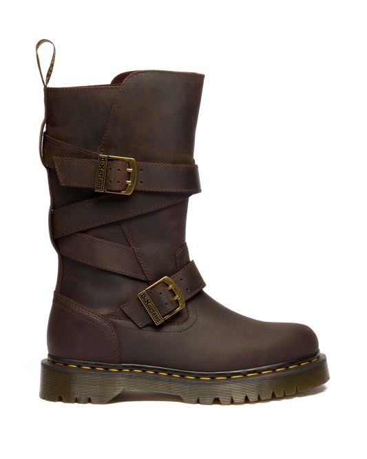 Anistone Two Strap Crazy Horse Leather Biker Boots in Dark Brown