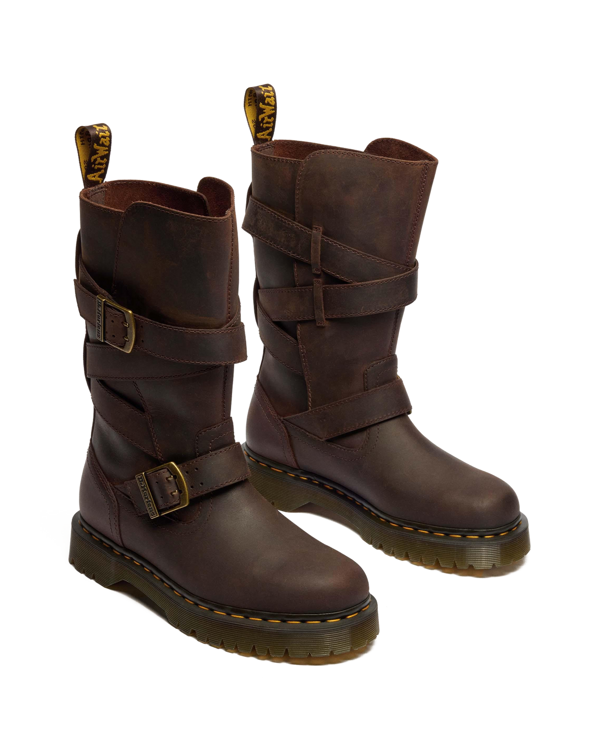 Anistone Two Strap Crazy Horse Leather Biker Boots in Dark Brown
