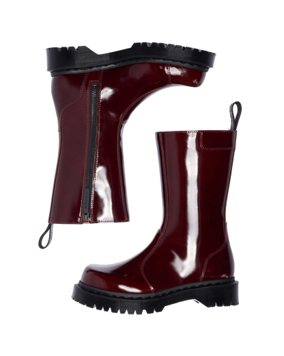 Rejena Lacquered Leather Boots in Cherry Red