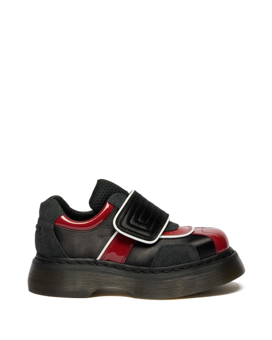Buzz Strap Mixed Material Shoes in Black+scarlet Red