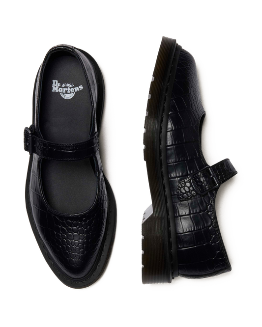 Elphie Mary Jane Emboss Leather Shoes in Black