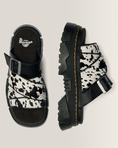 Mattison Slide Dalmatian Hair On Leather Sandals in Cream+black