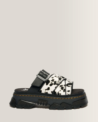 Mattison Slide Dalmatian Hair On Leather Sandals in Cream+black