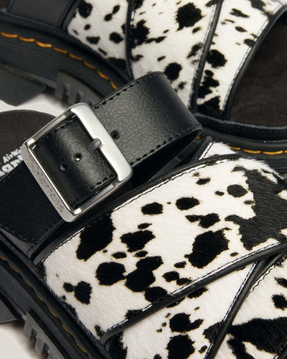 Mattison Slide Dalmatian Hair On Leather Sandals in Cream+black