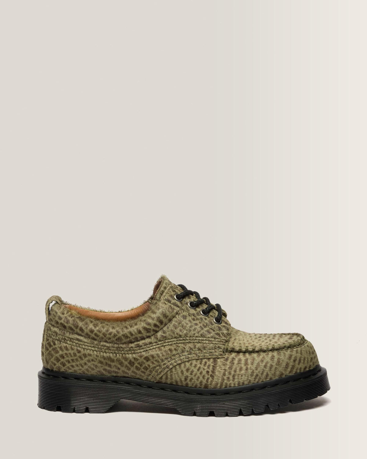 Lowell Hair On Leather Moc Toe Shoes in Olive Green