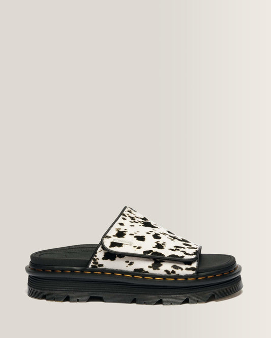 Zebzag Dalmatian Hair On Leather Platform Slides in Cream &amp; Black