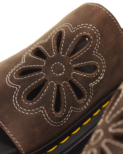 Zebzag Flower Crazy Horse Leather Slides in Dark Brown