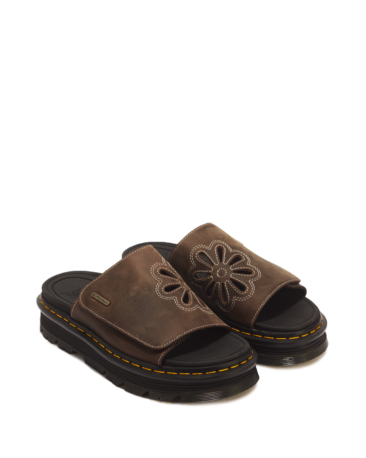 Zebzag Flower Crazy Horse Leather Slides in Dark Brown