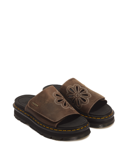 Zebzag Flower Crazy Horse Leather Slides in Dark Brown