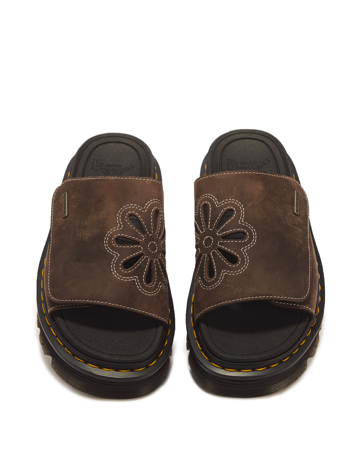 Zebzag Flower Crazy Horse Leather Slides in Dark Brown