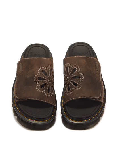 Zebzag Flower Crazy Horse Leather Slides in Dark Brown