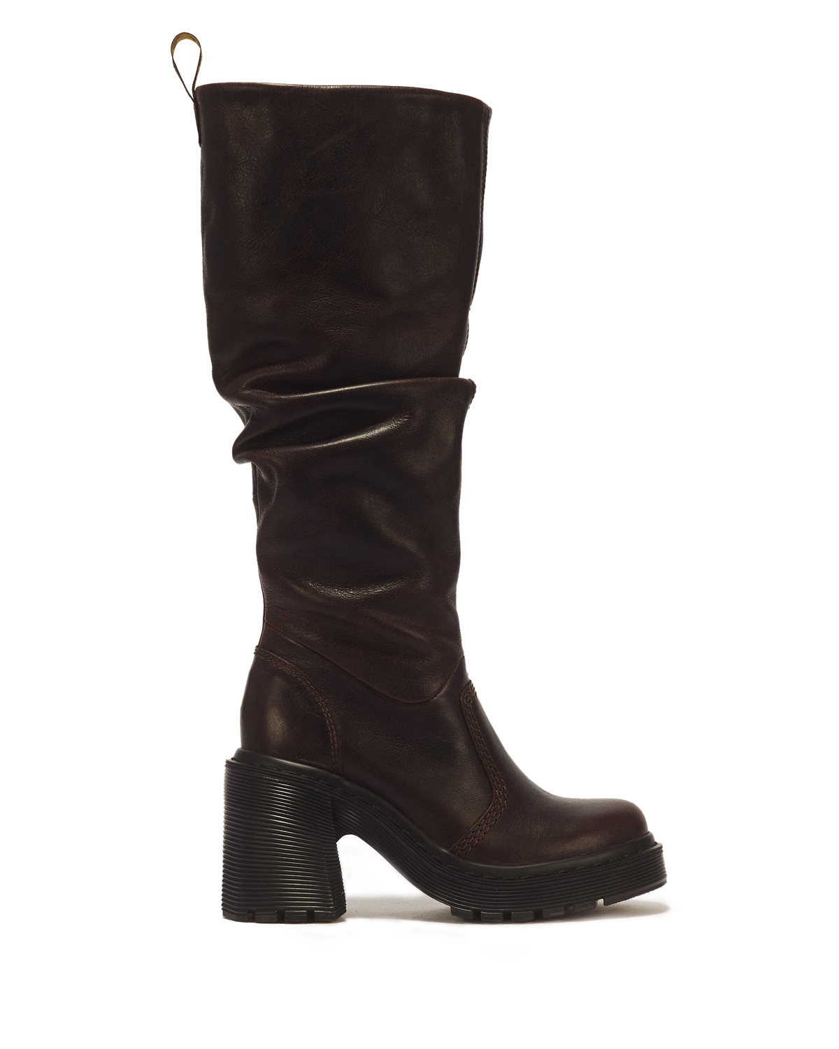Kasey Kinsley Leather Knee High Heeled Boots in Dark Brown