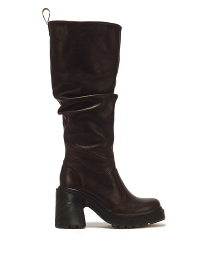 Kasey Kinsley Leather Knee High Heeled Boots in Dark Brown