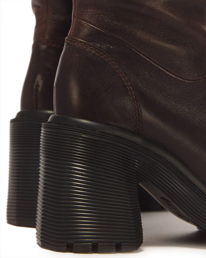 Kasey Kinsley Leather Knee High Heeled Boots in Dark Brown