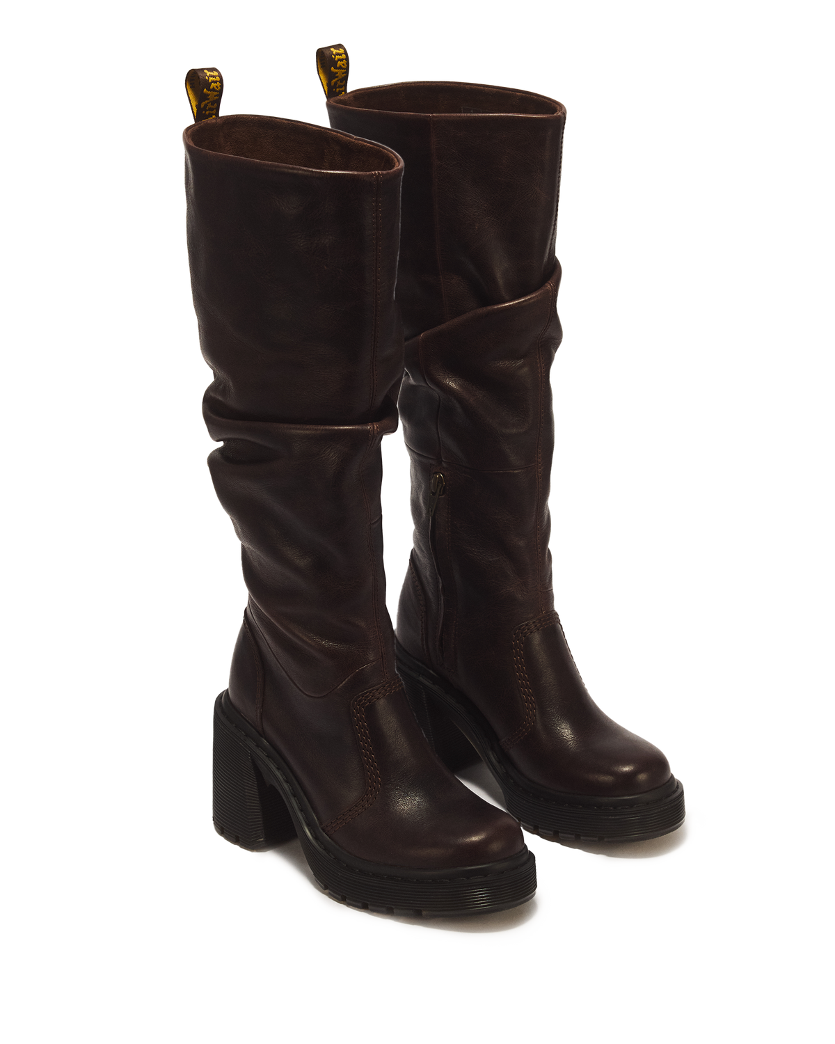 Kasey Kinsley Leather Knee High Heeled Boots in Dark Brown
