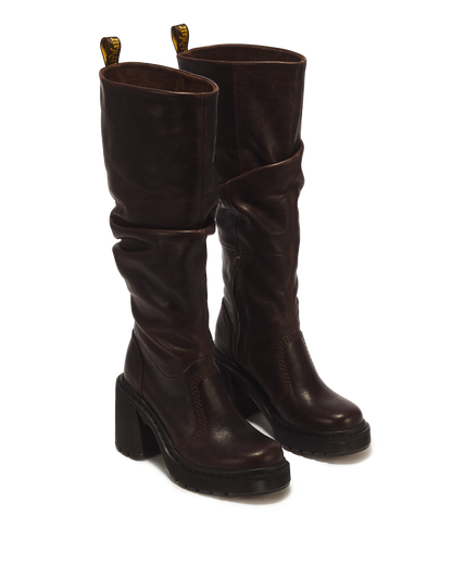 Kasey Kinsley Leather Knee High Heeled Boots in Dark Brown