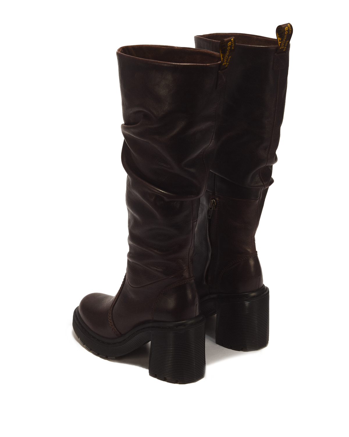 Kasey Kinsley Leather Knee High Heeled Boots in Dark Brown