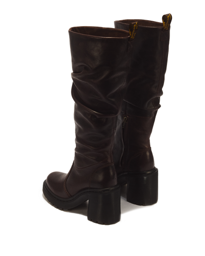 Kasey Kinsley Leather Knee High Heeled Boots in Dark Brown